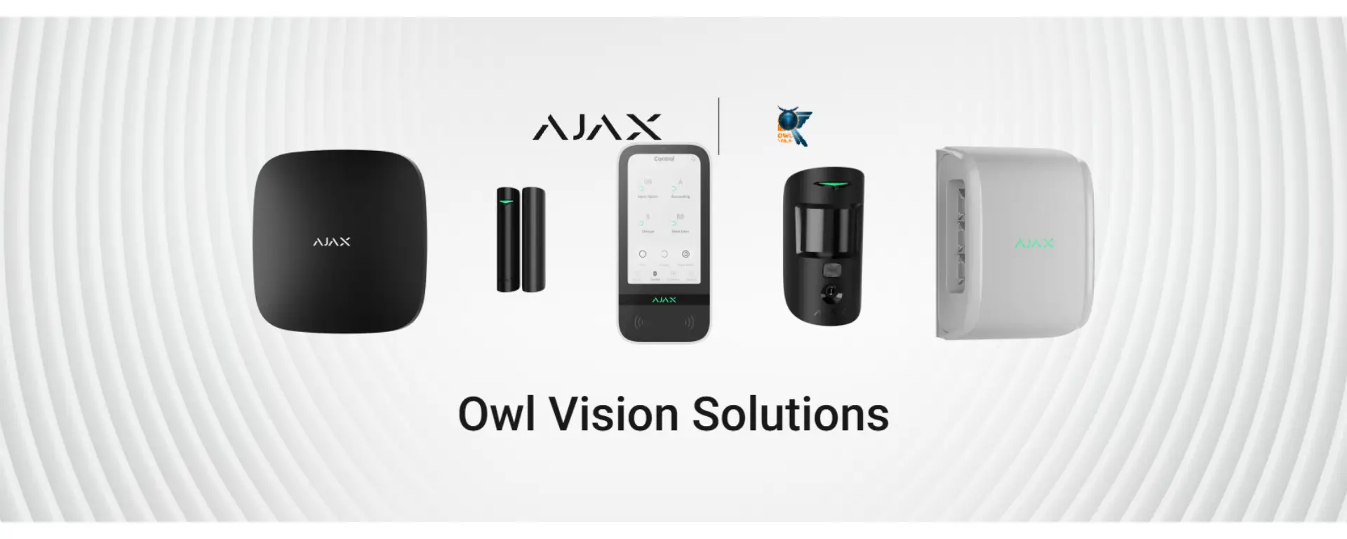 Ajax alarm system components — hub, door sensors, keypad, motion detector and outdoor siren